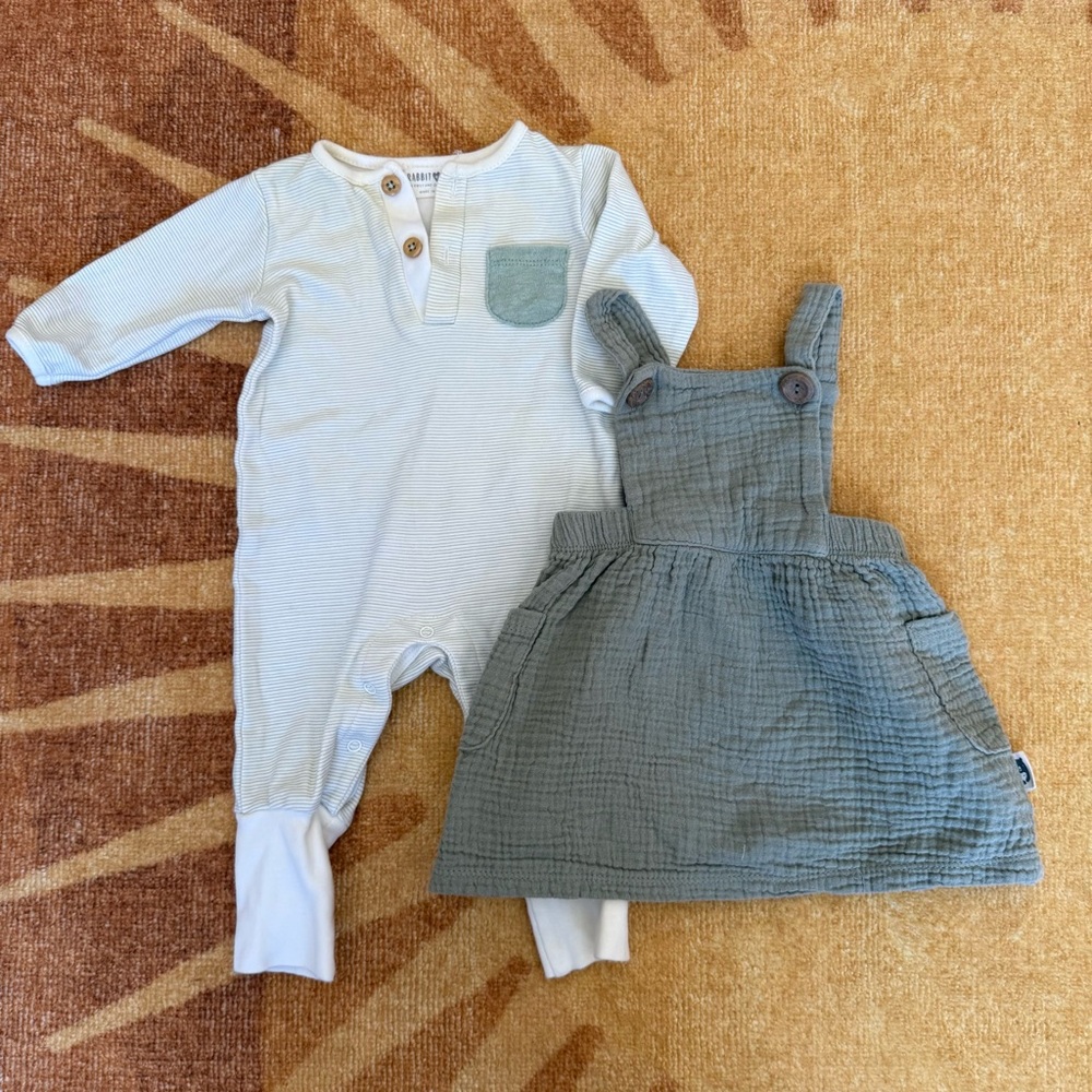Rabbit + Bear Neutral Green Baby Dress Overall & White Striped Henley Romper Set